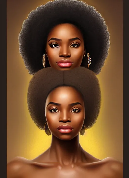 Prompt: beautiful igbo feminine face! portrait of young woman blessed by god with ever - increasing physical and mental perfection, black afro hair, symmetrical! intricate, elegant, highly detailed, vision of holy perfection!! smile, digital painting, artstation, concept art, smooth, sharp focus, illustration, art by artgerm and greg rutkowski and alphonse mucha