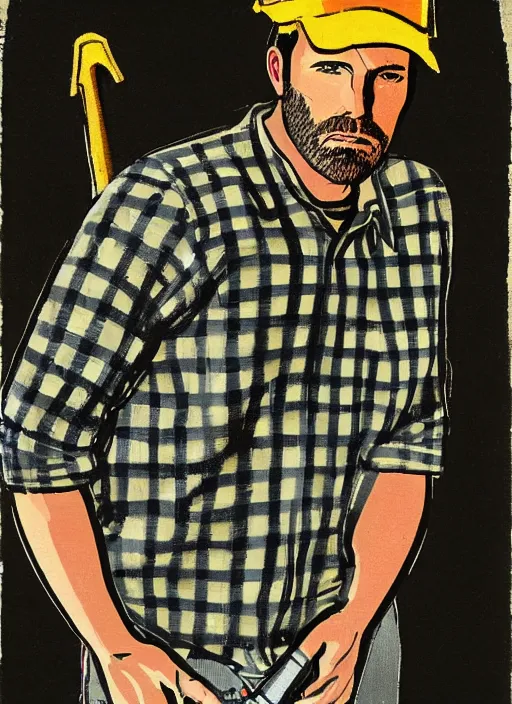 Image similar to full - body portrait of ben affleck wearing checkered shirt and white cap, holding a wrench, by billy childish, thick visible brush strokes, shadowy landscape painting in the background by beal gifford, vintage postcard illustration, minimalist cover art by mitchell hooks