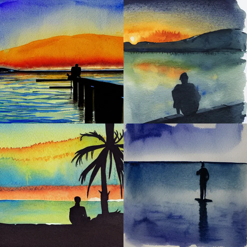 Prompt: water color painting of the silhouette of a man sitting on the dock of a bay