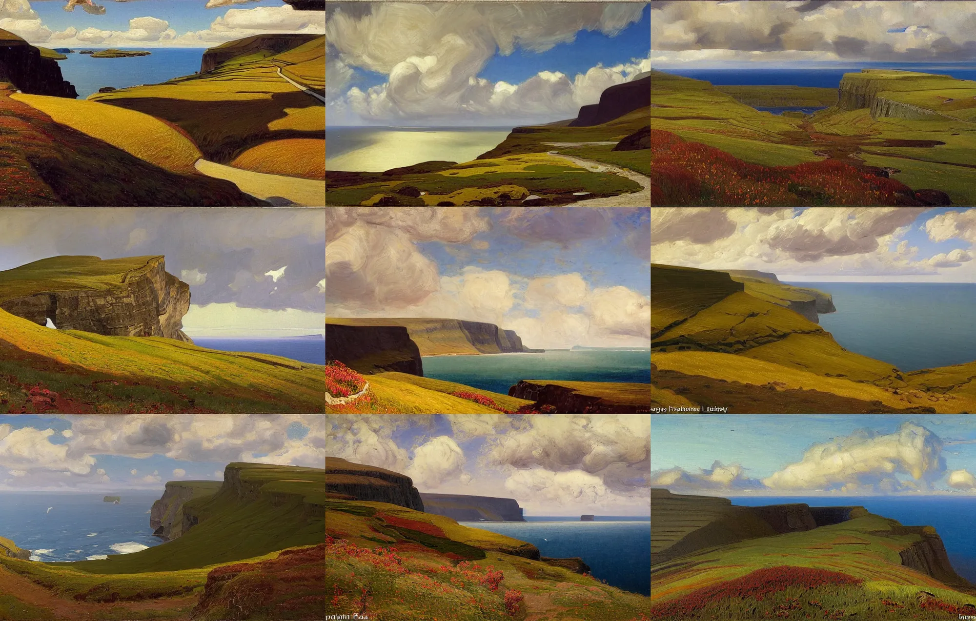 Prompt: painting of landscape of faroe island, cliffs and sea by frederick judd waugh, road between hills, surreal sky, thunder clouds, sunset, forest, autumn, blossom wheat fields, river, pastoral, unsaturated and dark atmosphere artwork by isaac levitan and alfred joseph casson and georgy nissky and nikolay dubovskoy and colley whisson