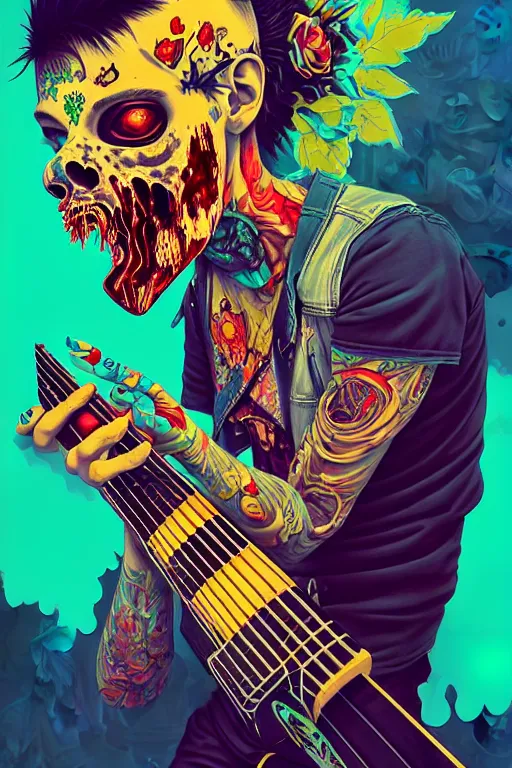 Image similar to zombie punk rocker playing guitar, tristan eaton, victo ngai, artgerm, rhads, ross draws, intricated details, 3 / 4 view, full body portrait, extremely luminous bright design, horror, pastel colours, toxic drips, autumn lights