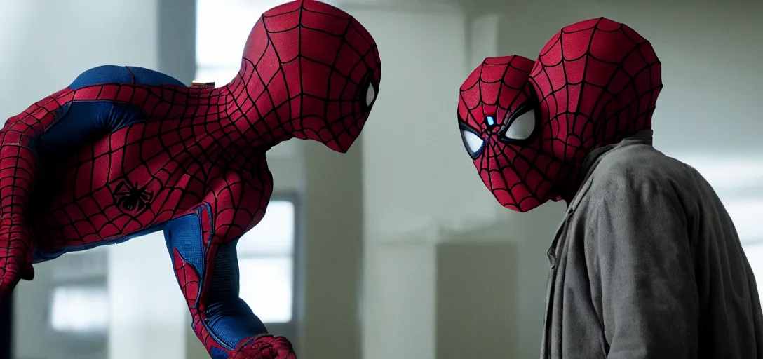 Prompt: Jesse Pinkman as Spider-Man, film still, wide-shot, full shot, cinematic lens, heroic portrait