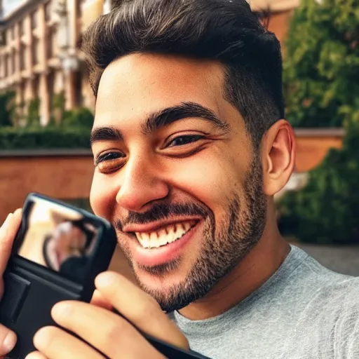 Prompt: happy man takes an instagram selfie using the front camera of an iphone 12 pro max highly detailed 4k quality