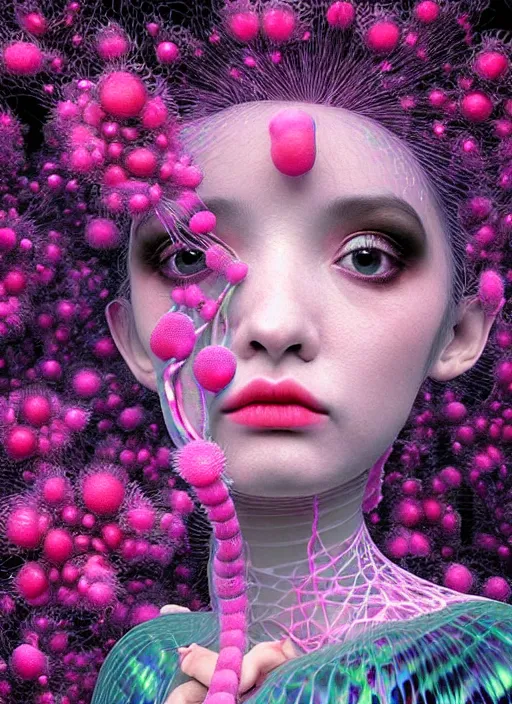 Image similar to hyper detailed 3d render like a Oil painting - kawaii portrait Aurora (black haired Fae) seen Eating of the Strangling network of yellowcake aerochrome and milky Fruit and Her delicate Hands hold of gossamer polyp blossoms bring iridescent fungal flowers whose spores black the foolish stars by Jacek Yerka, Mariusz Lewandowski, Houdini algorithmic generative render, Abstract brush strokes, Masterpiece, Edward Hopper and James Gilleard, Zdzislaw Beksinski, Mark Ryden, Wolfgang Lettl, hints of Yayoi Kasuma, octane render, 8k