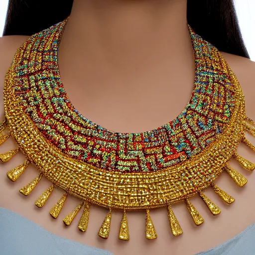 Prompt: award-winning colourful catalog photograph of a woman's necklace in gold. the necklace sparkles around the model's neck. the necklace is made up of lots of small gold rings encrusted with precious stones.