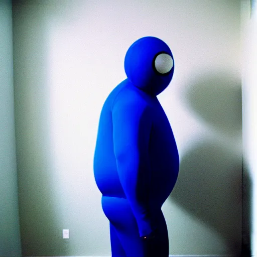 Image similar to a spherical man in a blue morphsuit waddling across the room, 3 5 mm, film shot