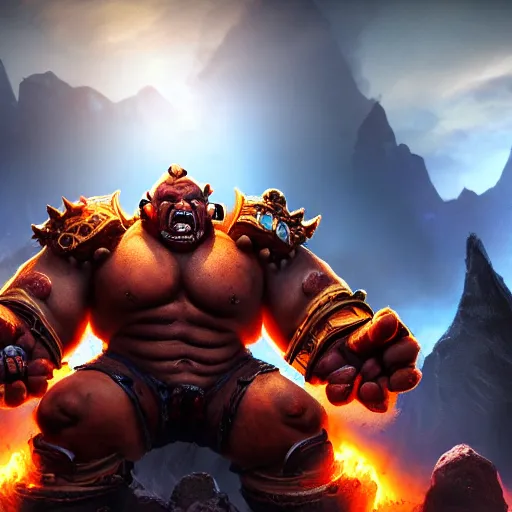 Image similar to Garrosh Hellscream from World of Warcraft sitting on a throne, 4k, hyperrealistic, focused, digital art, extreme details,unreal engine 5, cinematic, masterpiece