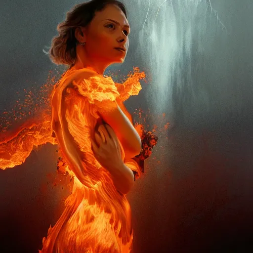 Prompt: dress made of fire, liquid, woman, solemn, female, rising from ashes, high detail, high contrast, extreme close up portrait, beautiful, bokeh, storm clouds, god rays, d & d, fantasy, elegant, red yellow orange white color palette, concept art, roger deakins, greg rutkowski, alphonse mucha