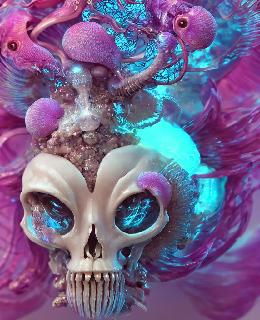 Image similar to goddess princess face close-up portrait ram skull. jellyfish phoenix head, nautilus, orchid, skull, betta fish, bioluminiscent creatures, intricate artwork by Tooth Wu and wlop and beeple. octane render, trending on artstation, greg rutkowski very coherent symmetrical artwork. cinematic, hyper realism, high detail, octane render, 8k