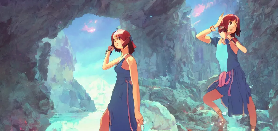 Image similar to Full body portrait of a Himalayan woman in a sleeveless dress, casting a spell on a giant crystal in a cave, detailed, artstation, by Kyoto Animation and Studio Ghibli, by Makoto Shinkai and Ilya Kuvshinov