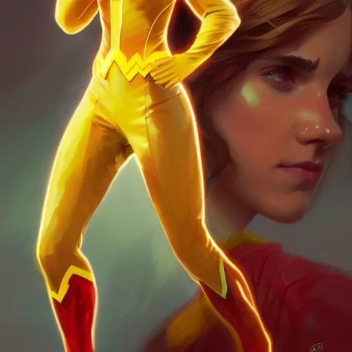 Prompt: beautiful Emma Watson as Kid Flash, western, closeup, D&D, fantasy, intricate, elegant, highly detailed, digital painting, artstation, concept art, matte, sharp focus, illustration, art by Artgerm and Greg Rutkowski and Alphonse Mucha