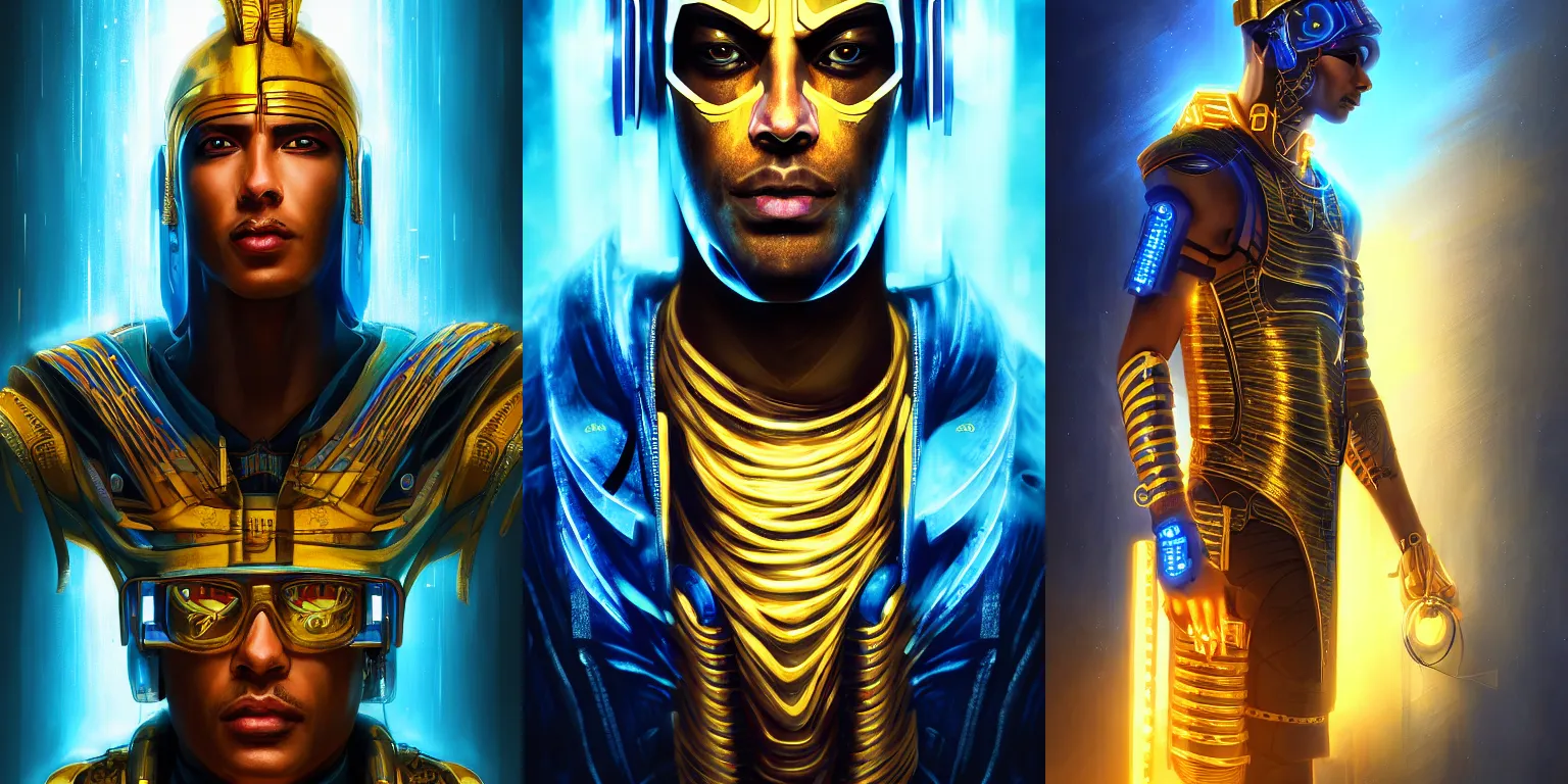 Prompt: Cyberpunk pharaoh. Full-length portrait. Dramatic. Gold blue lighting. Fantasy, digital painting, artwork, HD, 4k, detailed.