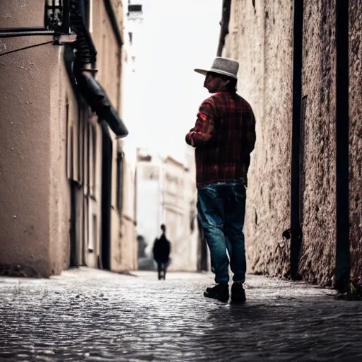 Prompt: photo extreme long shot of invisible manwearing clothes and hat in a back street, cinematic, depth of field, bokeh, atmospheric, 8k, trending on artstation