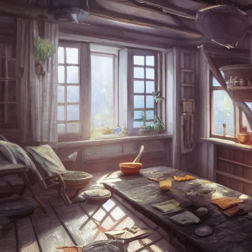 Image similar to concept art painting of interior of a cozy cottage with european and japanese design, realistic, detailed, cel shaded, in the style of makoto shinkai and greg rutkowski and james gurney