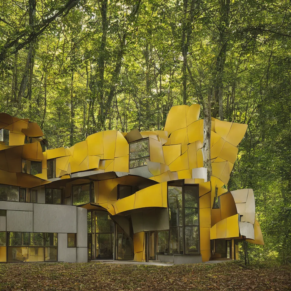 Image similar to architecture ad for a mid-century modern house in the middle of the forrest, designed by Frank Gehry. Film grain, cinematic, colorized, yellow hue