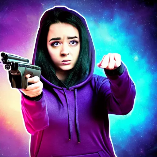 Image similar to poster artwork, sci fi, art type of photo, a female, full body, black hoodie techie, black hair with purple streaks, holding a gun, 8 k