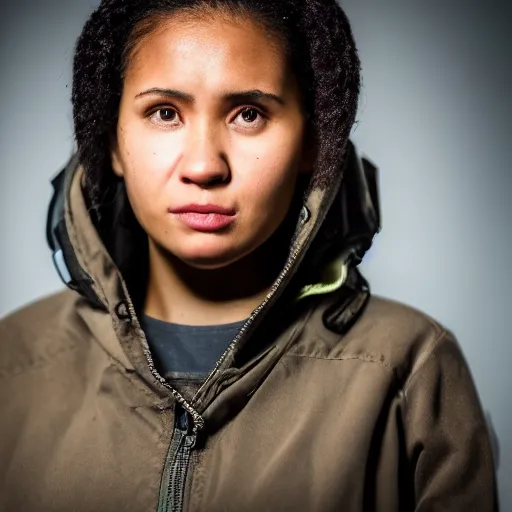 Image similar to photographic portrait of a poor techwear mixed woman, closeup, sigma 85mm f/1.4, 4k, depth of field, high resolution, 4k, 8k, hd, full color