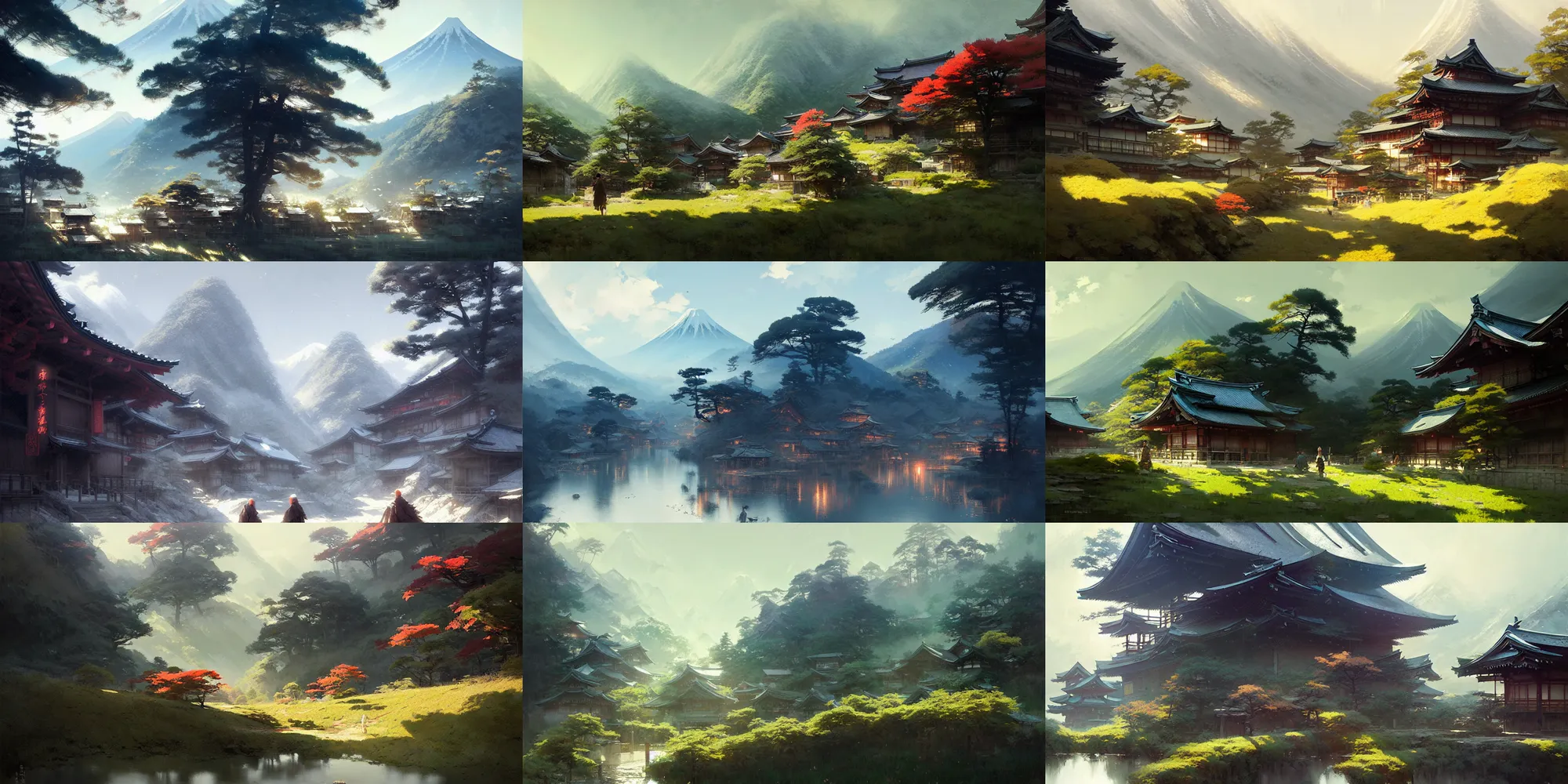 Prompt: japanese mountain countryside small town, landscape, illustration, highly detailed, digital painting, concept art, matte, art by ruan jia and wlop and greg rutkowski and makoto shinkai, masterpiece