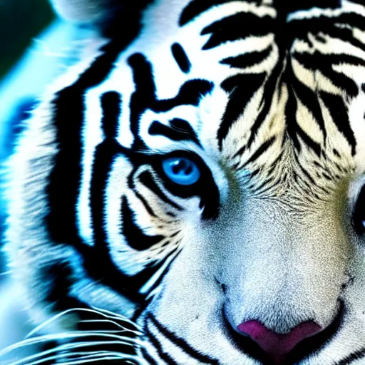 Prompt: realistic photo portrait of a white tiger | blue eyes | colorful blue eyes | cinematic photo | cinematic shot | epic | 8k resolution | realistic | hyperrealistic