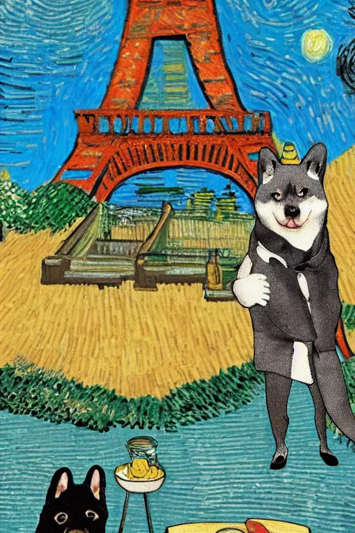 Prompt: a portrait of a shiba inu dinner date, in paris, france, with the eiffel tower in the background, in the style of van gogh and studio ghibli, artistic
