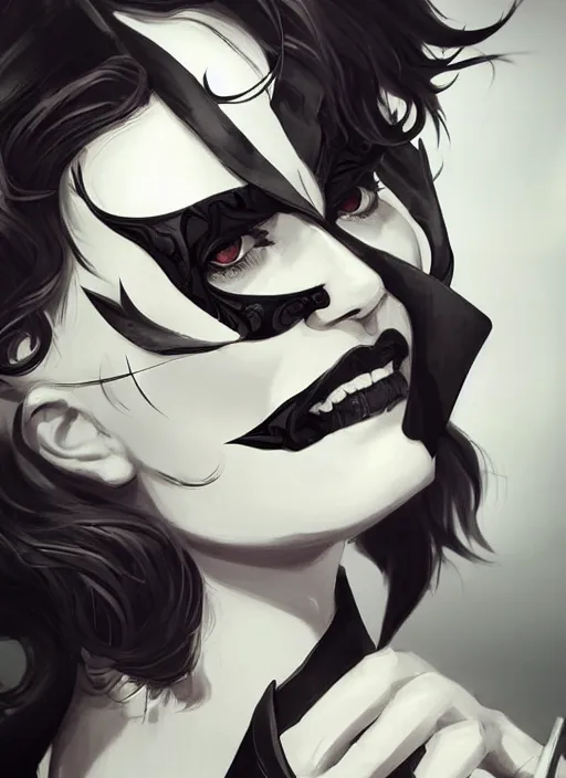 Image similar to a highly detailed illustration of beautiful short black messy haired woman wearing eyepatch!!! and noir style suit and tie, dramatic smiling pose, intricate, elegant, highly detailed, centered, digital painting, artstation, concept art, smooth, sharp focus, league of legends concept art, WLOP