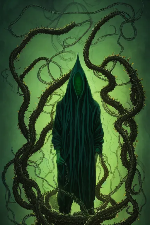 Image similar to A full body portrait of a mysterious shaman (no face) with a very long hooded dark green and yellow cloak tentacles and vines coming out the ground art by Maciej Kuciara and Jason Chan, ominous, cosmic horror, trending on artstation, Ultra detailed, hyper realistic 4k