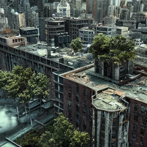 Prompt: a world fallen by disease, seattle completely wasted away, nature taken over and grow over buildings, high quality photorealism, cinematic, epic, Deviantart, artstation, high detail Octane render