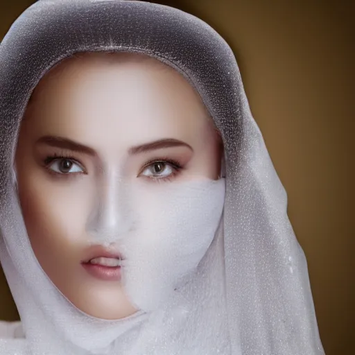 Image similar to filmstill photography of female face covered with white translucent blanket, luxurious supermodel photoshooting, golden jewelry,