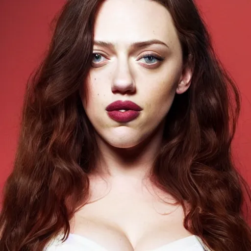 Image similar to a woman who is a genetic combination of kat dennings and scarlett johansson face and upper - body focus