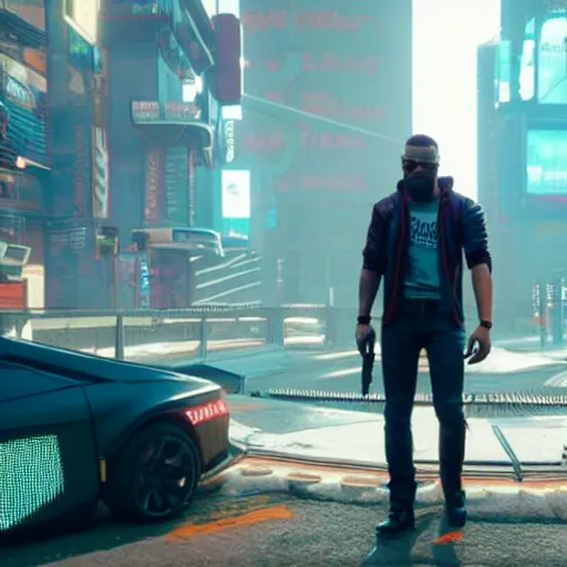 Prompt: still of david alaba in cyberpunk 2 0 7 7 lifting a white chair