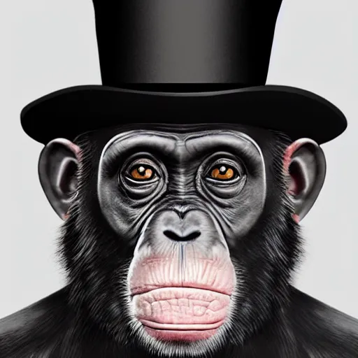 Image similar to photograph of a chimpanzee wearing a monocle and a top hat. 8 k. hyper real. trending on artstation trending on deviantart.