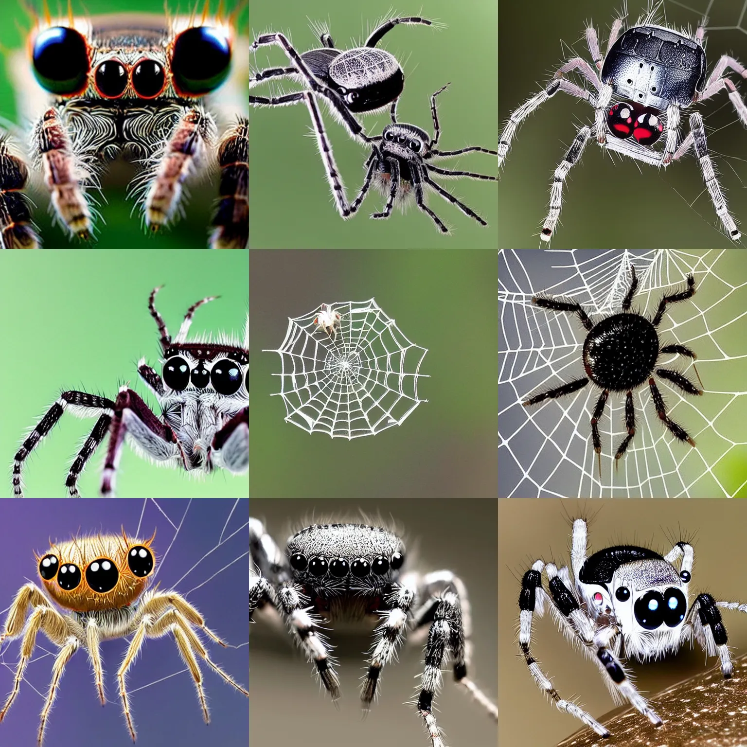 Prompt: adorable jumping spiders catching spaceships in it web