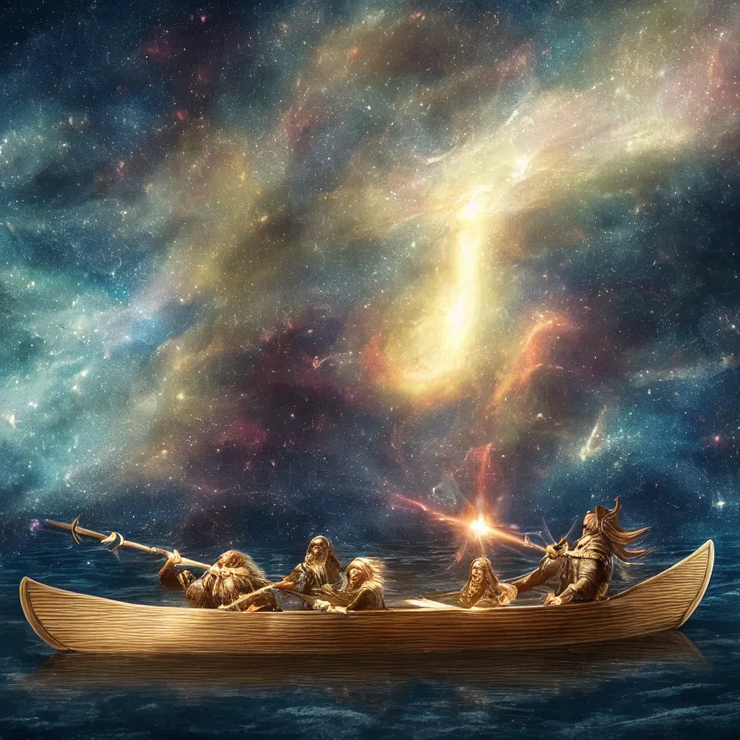 Image similar to a medieval viking longboat rowing through an ocean that is a nebula, several supernovae in the background, distant black hole ejecting a near light speed stream of matter across the scene