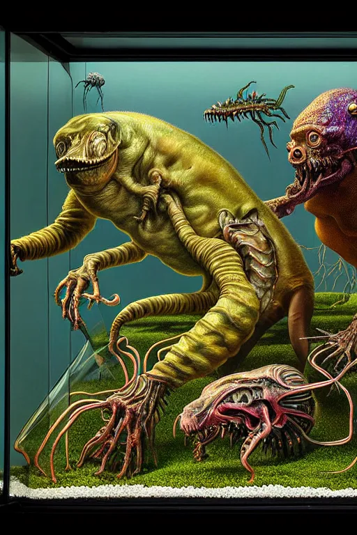 Prompt: a hyperrealistic detailed painting of a futuristic museum of abominations, rounded glass terrarium displays with mutated creature, scientific specimens, oddities, cinematic lighting, depth perspective, depth of field, cinematic angle, by chris cunningham and richard corben, highly detailed, vivid color,