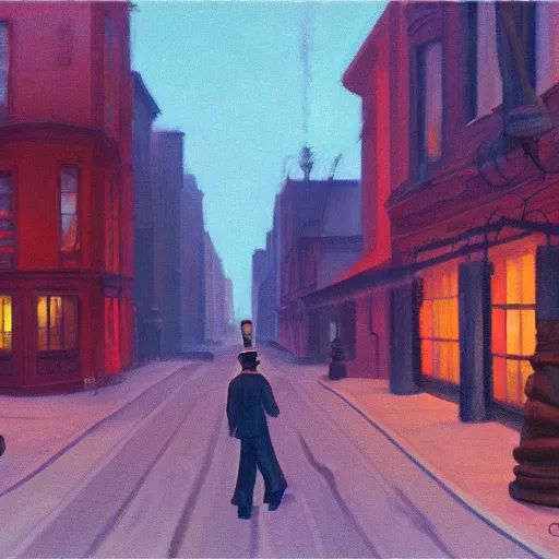 Image similar to a lonely street of a steampunk city at night, only one sad man walking down the street, in the style of Edward hopper, 4k,