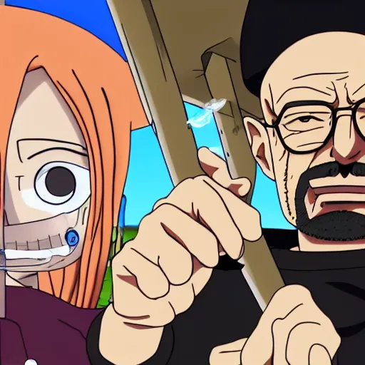 Image similar to walter white smoking a big joint in One Piece Anime Series, 4k Resolution.