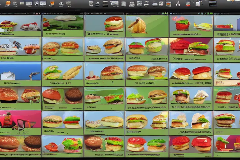 Image similar to hamburger themed gnu / linux desktop environment, linux mint, in 1 9 9 5, y 2 k cybercore, hamburger os, desktop screenshot