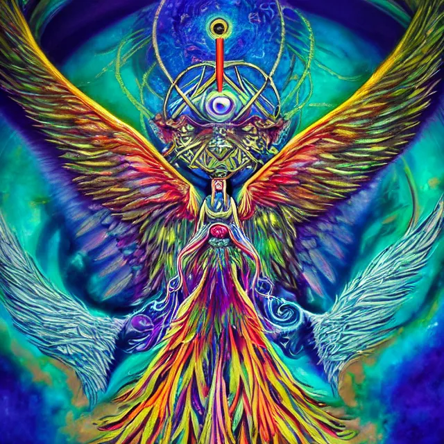 Image similar to angelic ophanim ophanim ophanim Lovecraftian celestial covered in eyes feathers and wings, oil painting award winning, chromatic aberration sharp psychedelic colors, symmetrical geometry sublime angel be not afraid