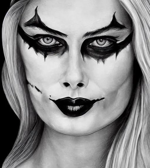 Prompt: beautiful margot robbie portrait with joker makeup, in the style of den yakovlev,, black and white realism drawing, faded outline, hyper realistic, highly detailed