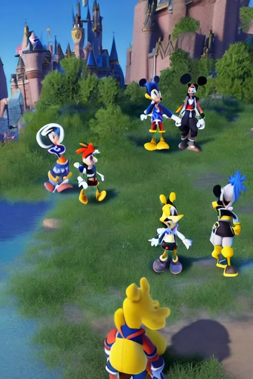 Prompt: screenshot of kingdom hearts 3, Disney and final fantasy crossover, donald duck and goofy npc characters, Kingdom hearts styled gameplay, unreal engine 4, kingdom hearts 3, kingdom hearts, cartoony lighting, disneyworld at kingdom hearts, Disney inspired setting with Sora and Donald in the scene, image of an action adventure rpg, magical fantasy l, artstationHD, stunning pixar graphics, rtx on, sharp focus, sors holding the kingdom key keyblade, detailed