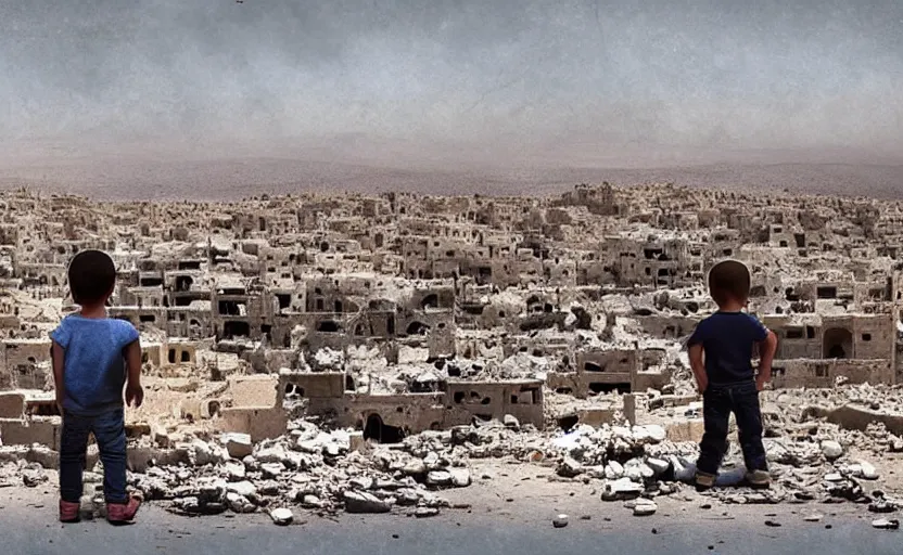 Image similar to “little boy figure lost (in the middle of the scene), epic view of Hummus in Syria in destruction, evening time clear sky, sad atmosphere, ruins, heartbreaking landscape, hyperdetailed, hyperrealism, trending on artstation, award winning photograph, photograph taken by Margaret Bourke-White, photorealistic, 8k, concept art, cinematographic, uhd, epic lighting”