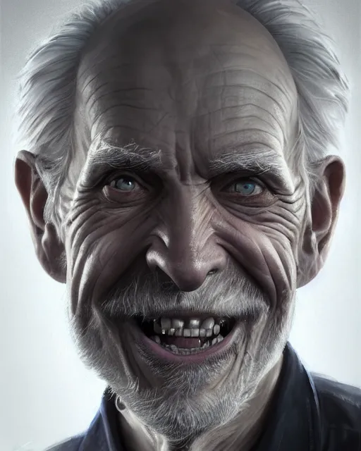 Image similar to epic portrait cinematic shot an crazy scientist smilling wide with wide eyes, creepy, old man, long sharp nose, sharp jaw, gray hair, fine details. night setting. realistic shaded lighting poster by craig mullism, artgerm, jeremy lipkin and michael garmash, unreal engine, radiant light, detailed and intricate environment, digital art, trending on art station,