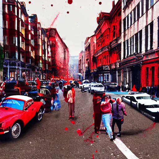 Image similar to A British European City with cars and people roaming inside of the city, certain aspects of the background are lens blurred, splatters of red and red paint circle significant parts of the city, some of the people are even painted red, black and white photograph painting, real life, realistic, hyperrealistic, very realistic, photo photograph, photo, photograph, painting, oil painting, ultra realistic, very detailed, extremely detailed, highly detailed, HD Quality, 4k resolution, 8k resolution, trending on artstation, in the style of an Album Cover, cool, epic, nostalgic, intricate details