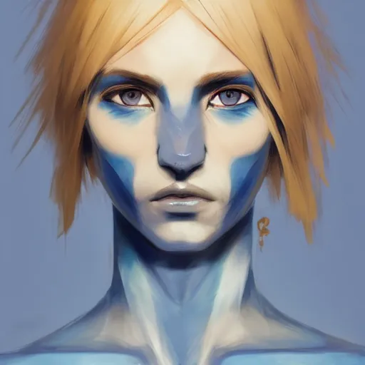 Image similar to Avatar with a blond hair, azure eyes, satyr ears and blue skin profile picture by Greg Rutkowski, asymmetrical, dark vibes, Organic Painting , Matte Painting, geometric shapes, hard edges, street art, trending on the artstation:2 by Sachin Teng:4, blur: -4