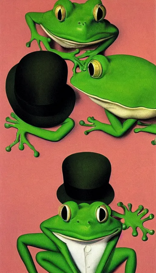 Prompt: couple of frogs wearing top hat by René Magritte, detailed, 4k
