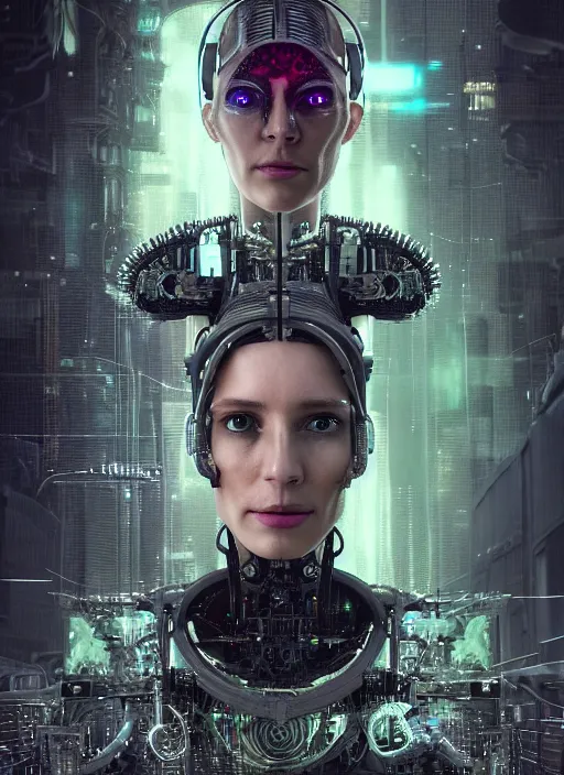 Image similar to 35mm portrait of an intricate and sophisticated borg with face implant above her eye, on the background of a weird magical mechanical forest. Round gears visible inside her hear. Very detailed 8k. Fantasy cyberpunk horror. Sharp. Cinematic post-processing