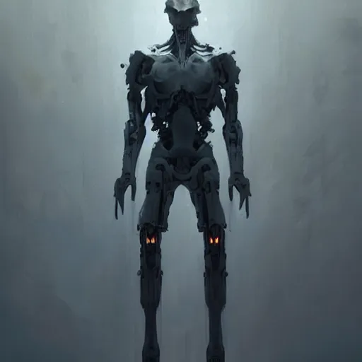 Image similar to concept art by greg rutkowski, a very tall and slender cyborg, similar to a michelangelo, standing in front of a large rectangular looking space, high tech and futuristic white walled environment, unnatural lighting, uncanny atmosphere, frightening and creepy atmosphere, scifi, highly detailed portrait, digital painting, artstation, concept art, smooth, sharp foccus ilustration, artstation hq