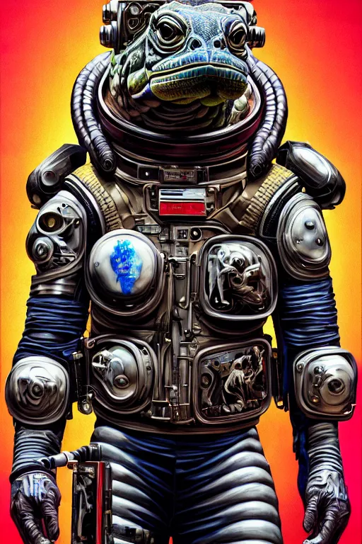 Image similar to a portrait of a muscular anthropomorphic cyberpunk iguana! in leather spacesuit armor with a large head by sandra chevrier, by jon foster, detailed render, pistol in holster, tape deck, epic composition, cybernetics, 4 k realistic, cryengine, realistic shaded lighting, sharp focus, masterpiece, by enki bilal