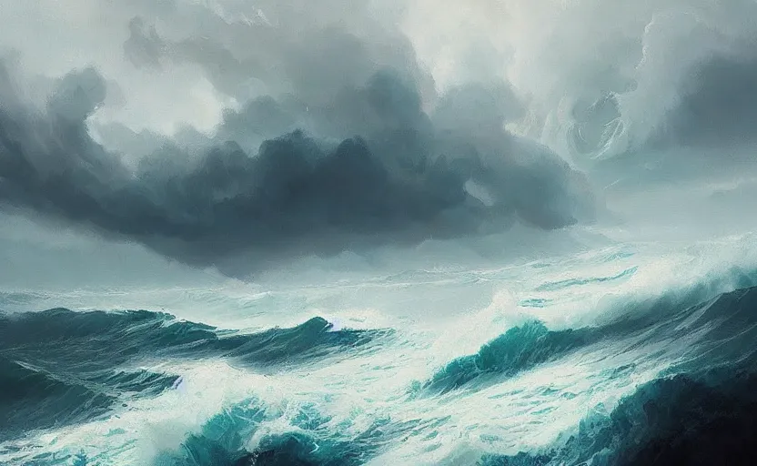 Image similar to a painting of ⛈⛈⚡⚡🌊🌊🌊 trending on artstation in the style of greg rutkowski