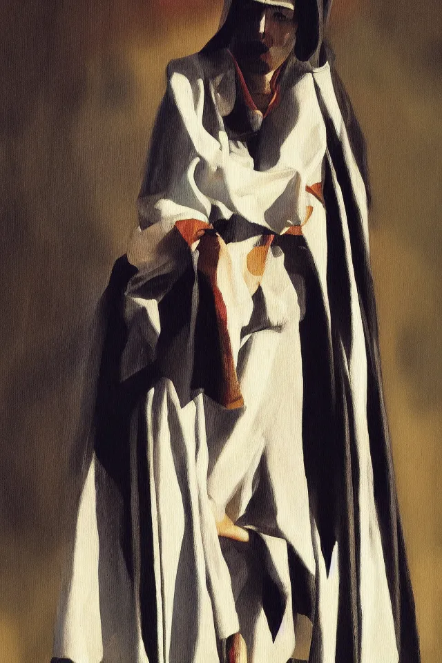 Image similar to sfumato renaissance oil painting of a modern shaman, modern minimal isei miyake outfit, in the style of lara jade, syd mead, concept art